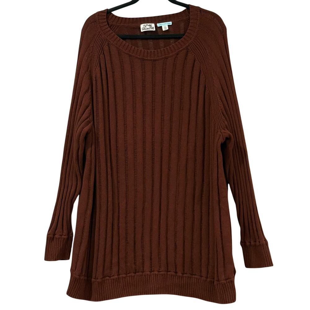 Chocolate Brown Plus 4X Open Knit Cotton Sweater Oversized Ribbed Pullover Tunic